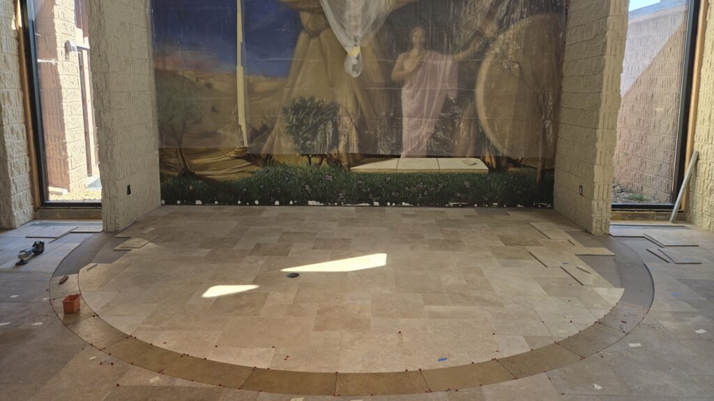 New tile being installed in the Little Flower Chapel, September 2026